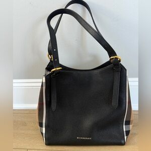 Like New Authentic Burberry House Check Derby Canterbury Tote, Black Leather